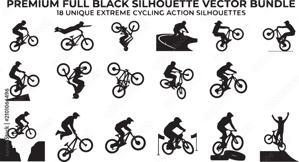 Obraz premium Premium Extreme Cycling Action Silhouette Vector Bundle Featuring Mountain Bike Tricks, BMX Stunts, Downhill Racing, Freestyle Jumps and Adventure Sports