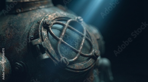 Close up of a rusty vintage diving helmet faceplate underwater