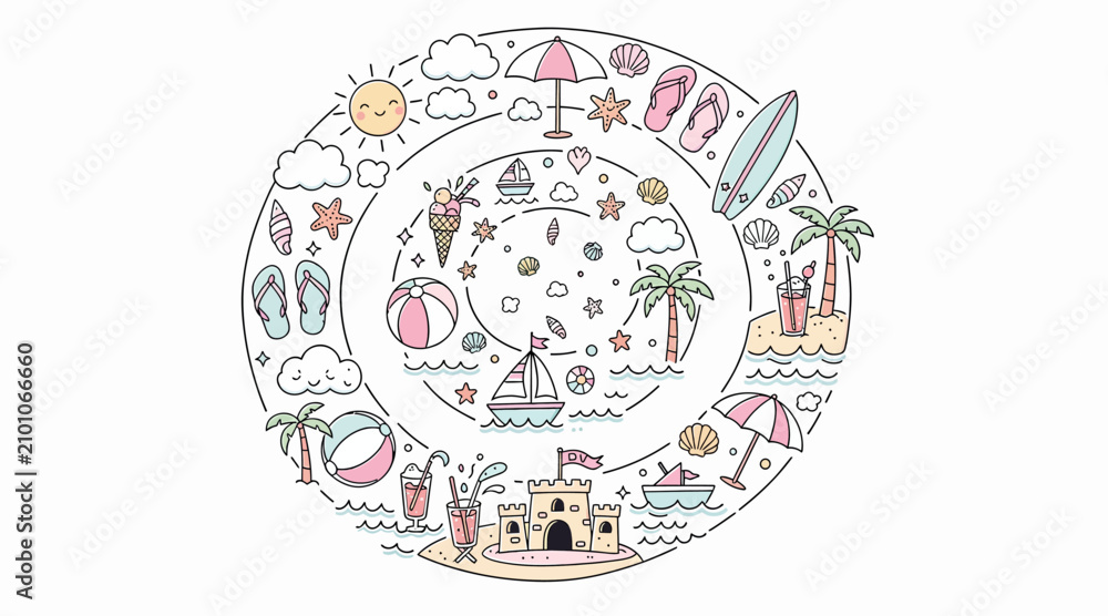Obraz premium Summer Vacation Circle: Beach, Sun, Fun & Travel Icons