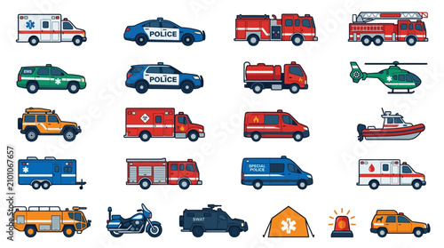 Emergency vehicles vector set with police car, ambulance, and fire truck icons