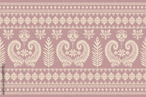 Ethnic Indian Paisley Border Seamless Vector Pattern, Traditional Floral Block Print Border Design, Dusty Pink Geometric Ornament Pattern for Fabric Textile and Wallpaper