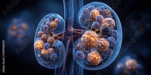 Detailed illustration of human kidneys with internal structures and vascular system