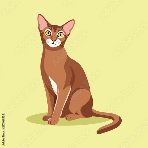 Obraz na płótnie A high-quality flat vector illustration of an elegant Abyssinian cat sitting gracefully, isolated on a light yellow background