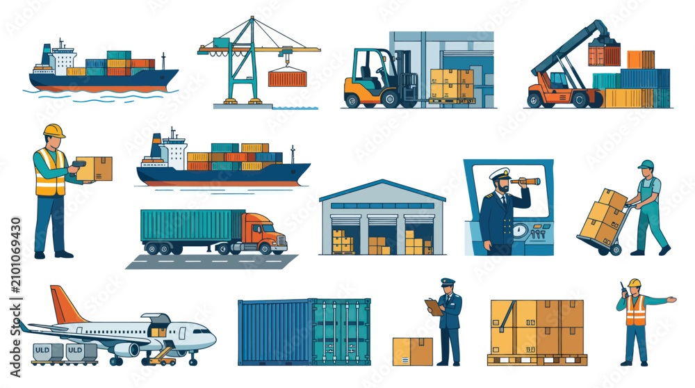 Fototapeta premium Logistics and shipping flat vector illustration of cargo, ships, trucks, and workers