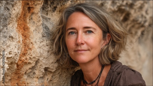 Middle-aged woman with wavy brown hair beside beige limestone texture wall, weathered sandstone erosion, natural lighting, photorealistic portrait