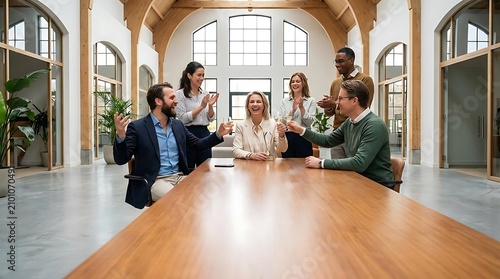 Diverse business team celebrating success around a long conference table