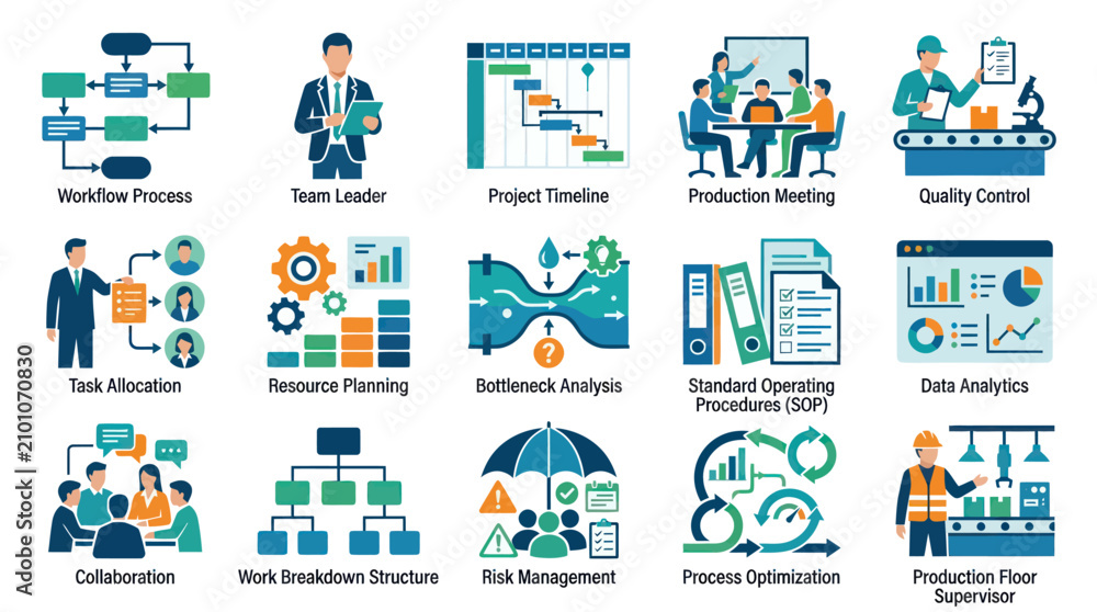 Fototapeta premium Flat Business Management Operations Icons Set for Project Planning, Quality Control, Process Optimization, Data Analytics