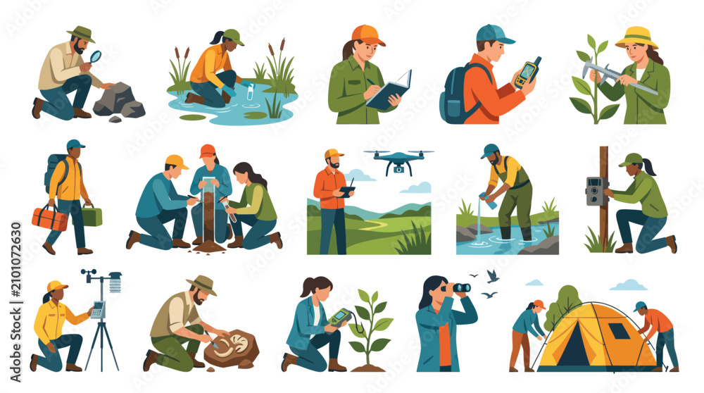 Fototapeta premium Diverse Scientists in Field Research: Ecology, Biology, Technology, Geology flat icons