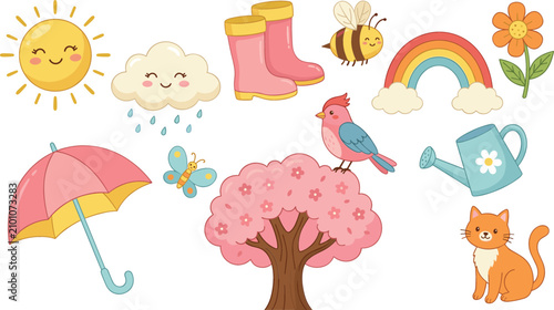 Foto Cute Spring Vector Icon Set with Cute Sun Raincloud Umbrella Rainbow and Bloomin