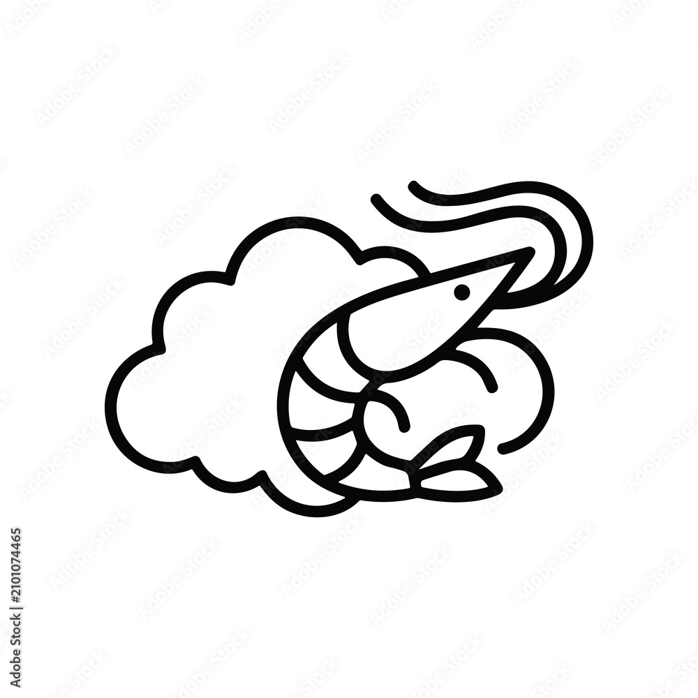 Fototapeta premium Stylized shrimp icon with cloud, simple line art, vector illustration