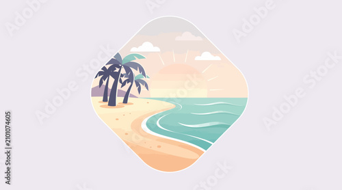 Tropical Beach Sunrise with Palm Trees and Ocean Waves - Flat Illustration