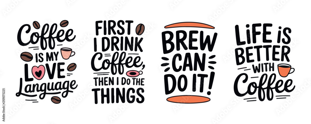 Fototapeta premium Coffee themed typography set with cup and bean illustrations on a transparent background vector design.