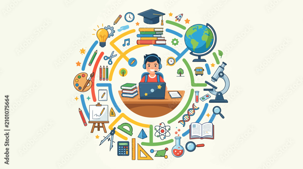 Fototapeta premium Student sitting at a desk surrounded by educational icons and symbols learning