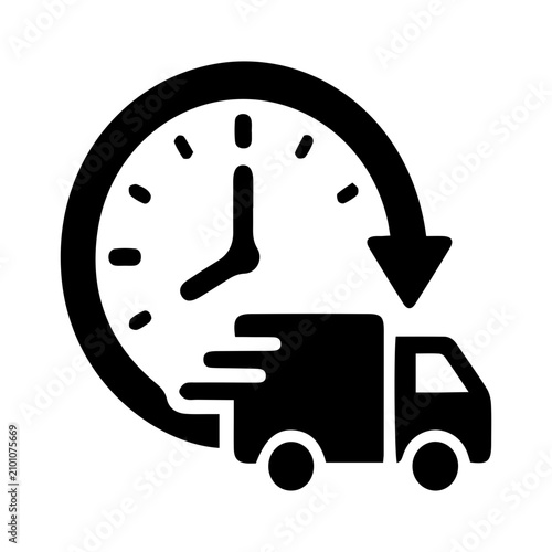 Cuadro en lienzo A fast-moving delivery truck icon layered over a large clock background, representing express shipping, quick service, or overnight delivery