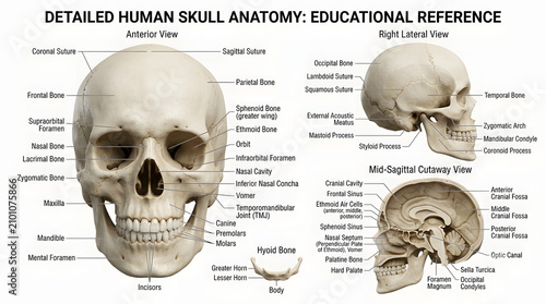 3D Human Skull Anatomy with Labeled Internal Structures – Medical Illustration for Science Learning and Biology Education Poster