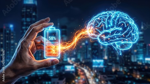 Cognitive energy depletion hand holding low battery connected to human brain