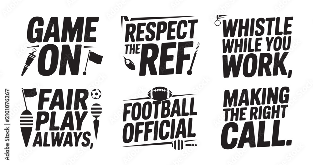 Obraz premium Sports referee typography design set for apparel prints featuring whistle flag ball and whistle graphics.
