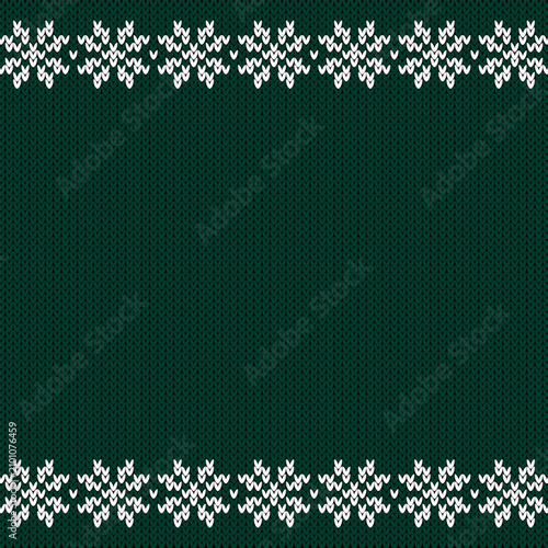 Christmas green ugly sweater knitted background with white snowflake ornament. Square composition with copy space. Vector design.  