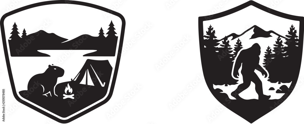 Fototapeta premium Bigfoot, bear, outdoor adventure badges, black silhouette icons, camping wilderness emblems