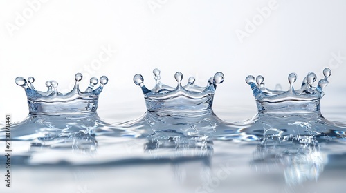 Liquid crown droplet sequence showing multiple water splash formations captured with high-speed photography revealing physics of impact and crystalline details