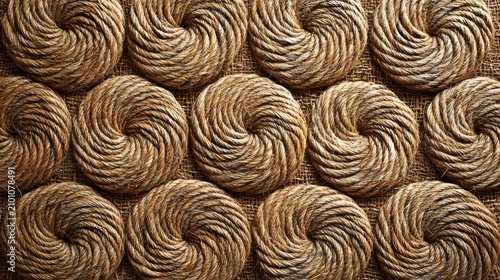Manila hemp rope coils arranged in uniform spiral patterns creating natural fiber texture background for eco-friendly sustainable web design projects