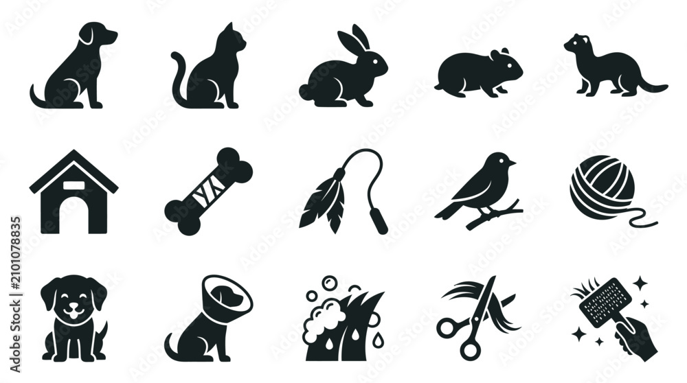 Obraz premium Pet care and animal silhouette icon collection for veterinary.