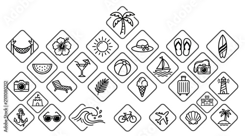 Summer Vacation Icons Set - Beach Holiday Travel Symbols