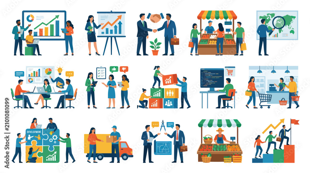 Naklejka premium Modern Flat Business Concepts Collection: Professional Teamwork, Finance, Marketing, and Entrepreneurship Activities