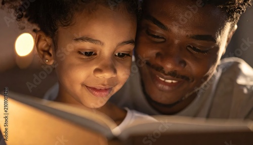 Tapety artystyczne Father and Daughter Enjoying a Bedtime Story Together, Illuminated by a Soft Light