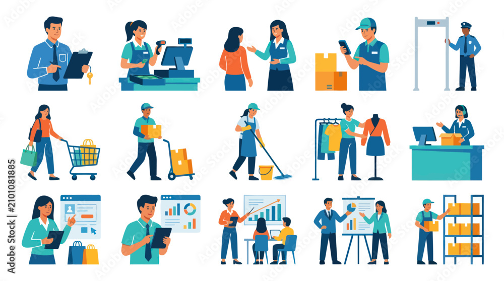 Fototapeta premium Flat Style Business People Icons - Retail, Logistics, Security, Cleaning, Fashion