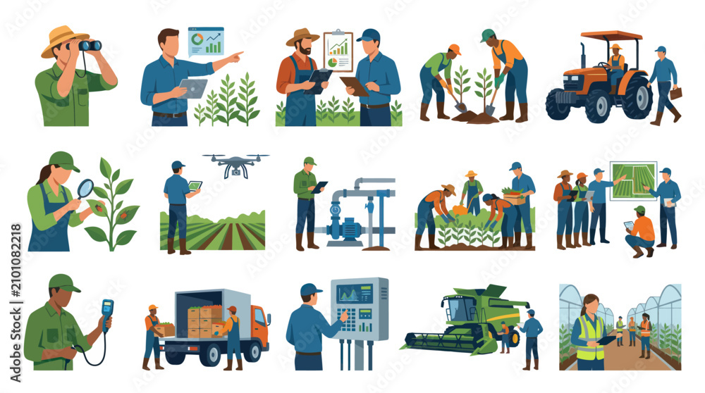 Fototapeta premium Flat Style Illustration of Farmers and Agricultural Technology in Modern Farming