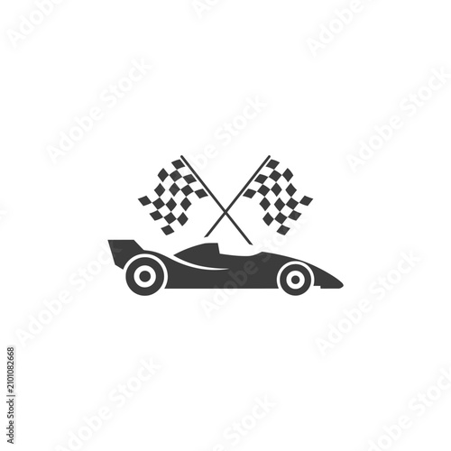 Race car silhouette with checkered flags on a white background