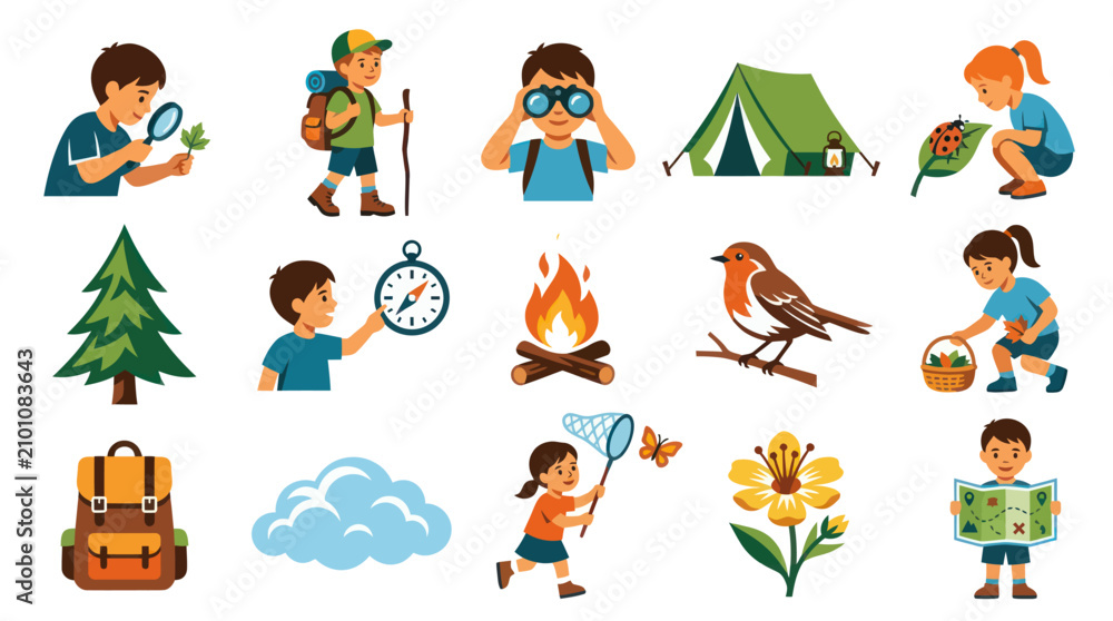 Fototapeta premium Children Nature Exploration and Outdoor Camping Flat Vector Illustration Icon Set