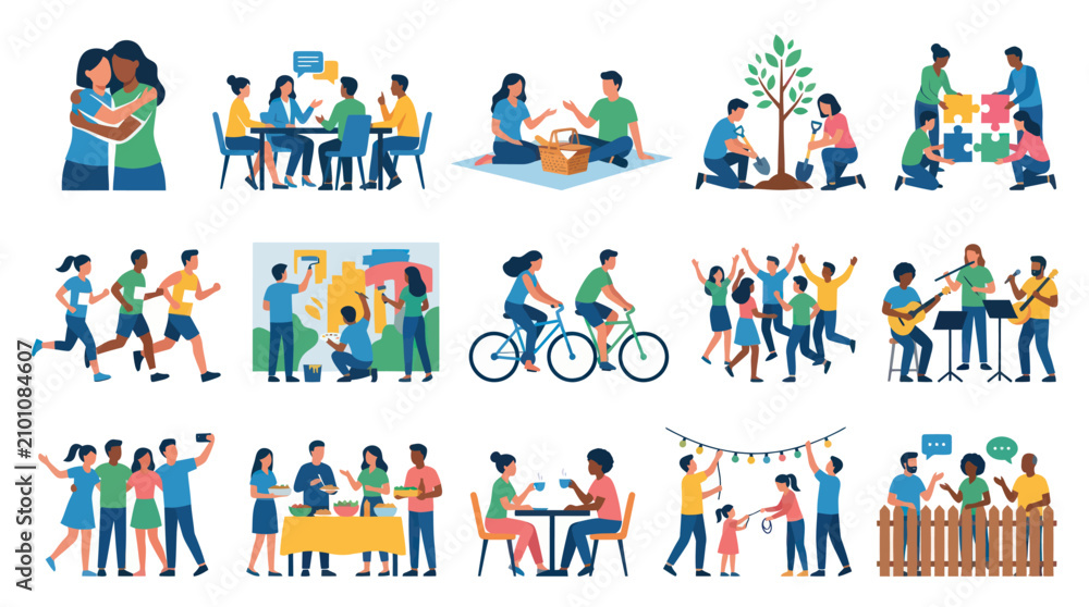 Fototapeta premium Diverse People Enjoying Outdoor Activities, Community Events Socializing Flat Art
