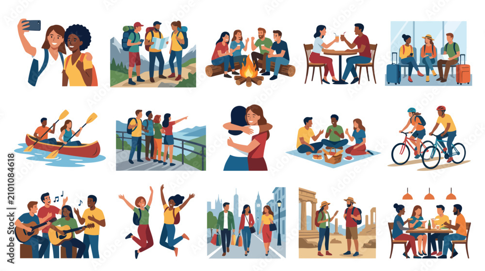 Fototapeta premium Friends and People Enjoying Leisure, Travel, and Social Activities - Flat Vector Illustration Set