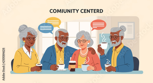 Flat vector illustration of a diverse group of four senior citizens sitting at a table in a community center, drinking coffee from cups and socializing with speech bubbles.