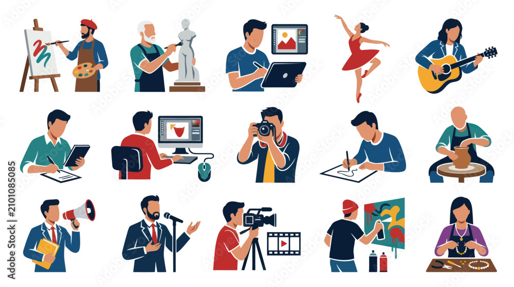 Fototapeta premium Flat Style Icons of People Engaged in Various Creative Arts and Hobbies