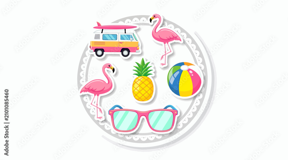 Fototapeta premium Summer vacation icons, flamingo, pineapple, beach ball, sunglasses, van