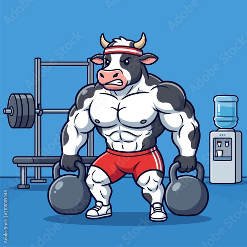 Bild auf Leinwand Strong Muscular Cartoon Bull Lifting Heavy Kettlebells
