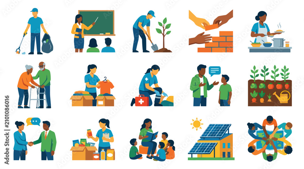 Fototapeta premium Community Service Volunteering Flat Illustration: People Helping, Social Work, Charity, Education, Sustainability Activities