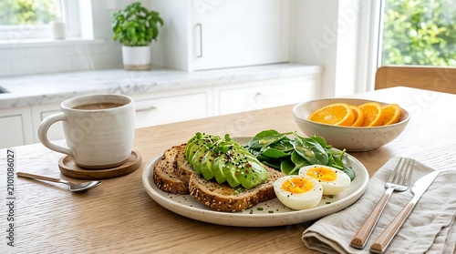 Healthy avocado toast with boiled eggs and fresh spinach served on a kitchen table for breakfast. decaf health perks