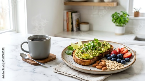 Healthy avocado toast with fresh berries and almonds on a plate for breakfast with a cup of coffee. decaf health perks