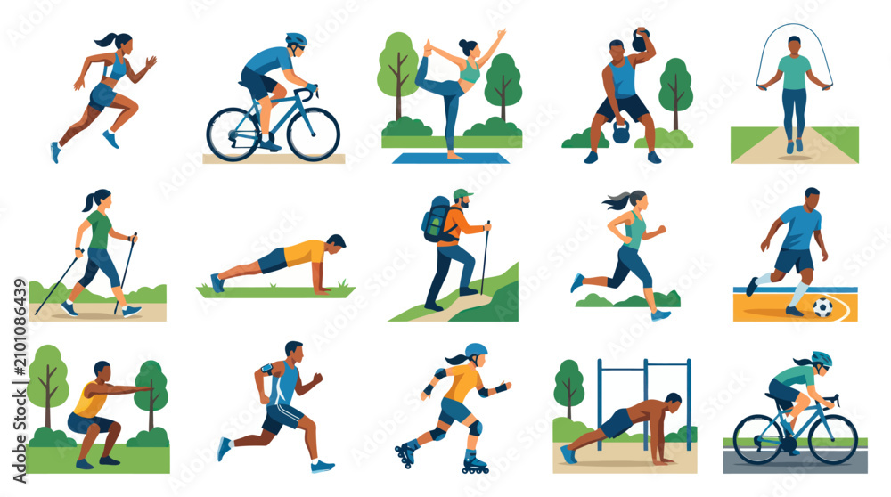 Fototapeta premium Flat Vector Illustration of Diverse People Exercising Outdoors, Engaging in Various Sports Fitness Activities for Healthy Lifestyle