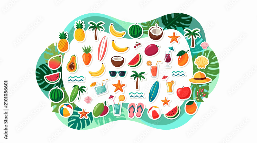 Naklejka premium Tropical Summer Vacation Icons - Fruits, Beach, Drinks, and Fun