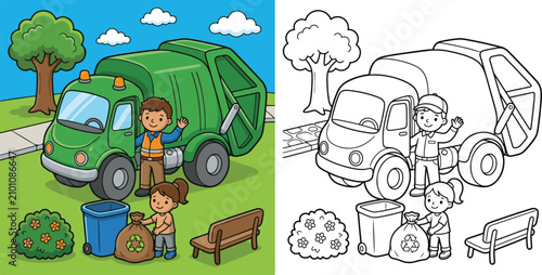 friendly garbage truck driver collecting recycling for the neighborhood transport vehicle cartoon clipart and lineart print vector illustration for school student educational color coloring book
