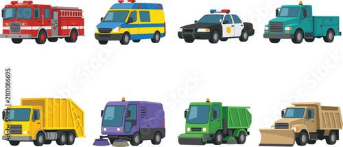 Fotografía Emergency Services and Municipal City Vehicles Flat Color Vector Illustration Bu