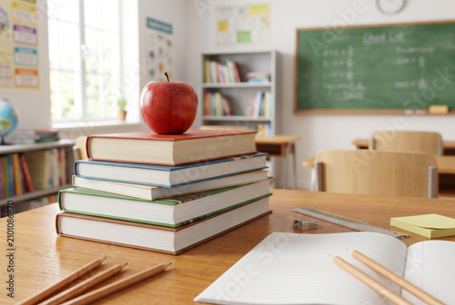Red apple on a stack of books in a bright classroom setting, concept of First Day Back to School  