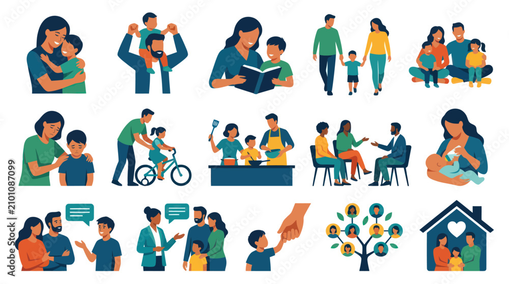 Fototapeta premium Flat Vector Icons of Diverse Family Life and Activities