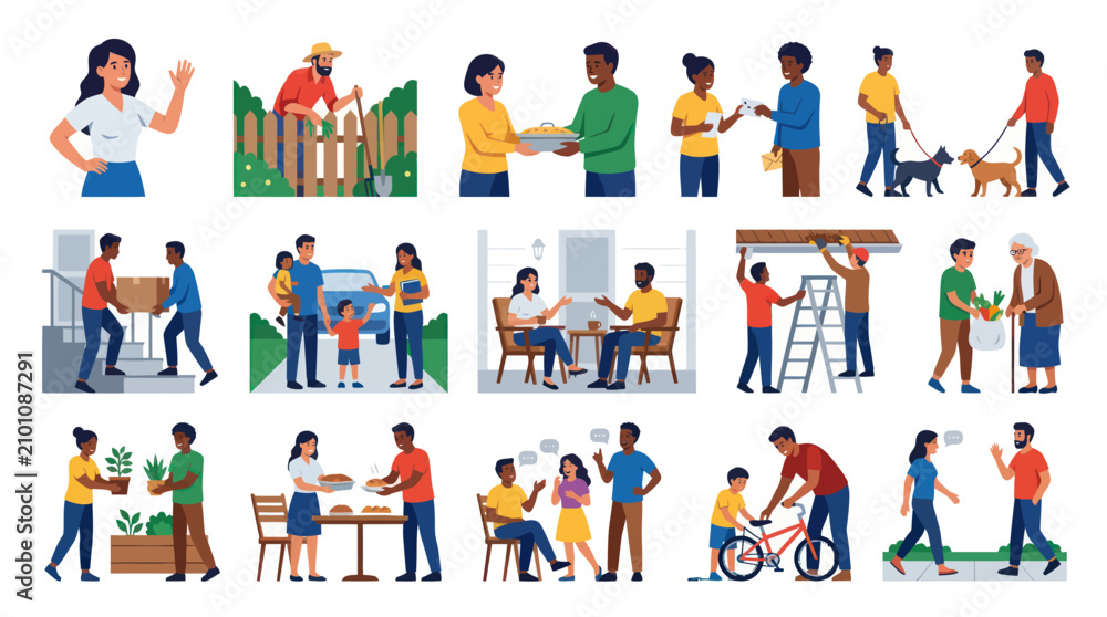 Fototapeta premium Flat Vector Set of Diverse People Doing Various Activities, Community, Family, Work