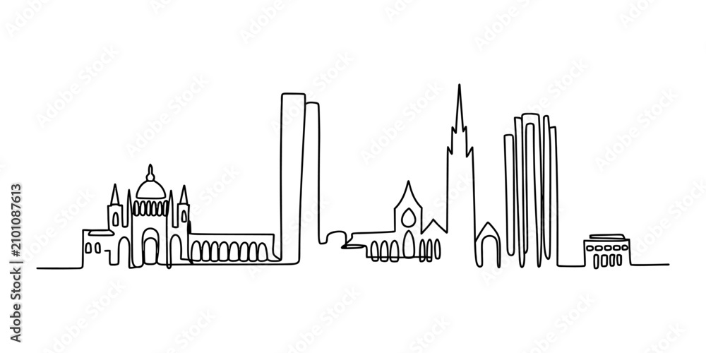Fototapeta premium Continuous single line drawing of a city skyline with tall buildings and historic architecture isolated on a plain white background Vector, illustration